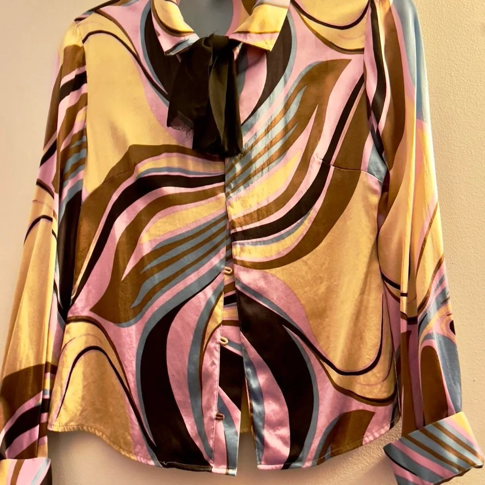 Pucci Style Silk Designer Swirl Psychedelic Button Up Blouse - Picture 2 of 6